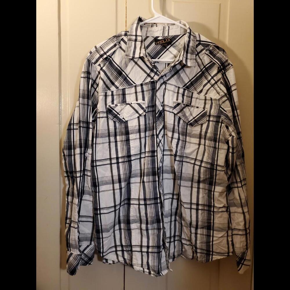 Helix Men's Size XL Western Button Plaid Blk White Shirt L/S